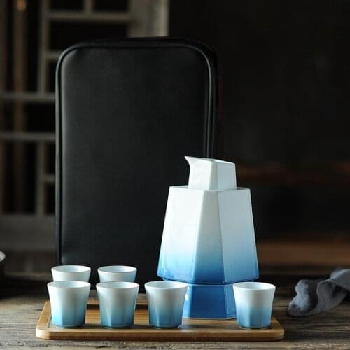 Travel Wine Sake Set Ceramic Cold Chinese Style Vintage Sake Set Blue Gradient With Warmer Kit Vinho Home Accessories EI50BW