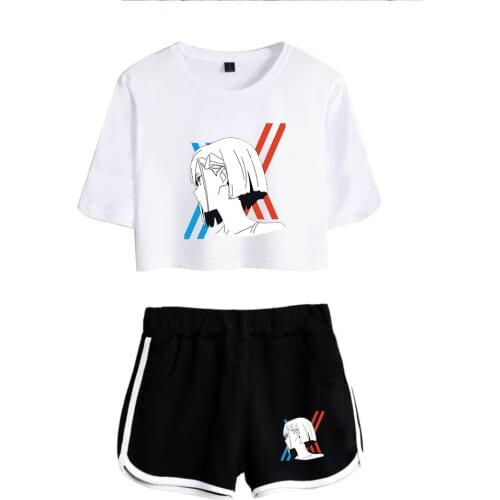 Animation DARLING in the FRANXX White Exposed Navel T-shirt+Black shorts womens two-piece sets Summer Girls pretty Sets