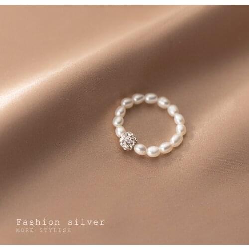 Real 925 Sterling Silver Micro-paved Ball Pearls Elastic Rope Rings for Women