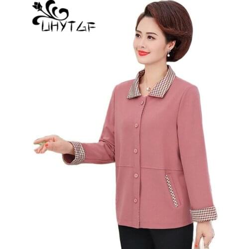 UHYTGF Women Spring Autumn Jacket Fashion Pocket Stitching Casual Female Short Coat Young Mother Loose 5XLPlus Size Outwear 1776