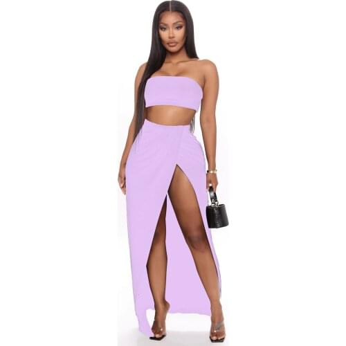 2020 Summer New Fashion Strapless Chest Wrap Irregular High Slit Long Dress Two-piece Suit Women