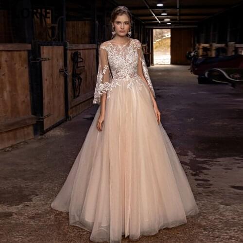 LORIE Vintage Blush Wedding Dresses Elegant Lace Appliques Puffy Long Sleeve Bride Dress Illusion Beach Princess Marriage Dress