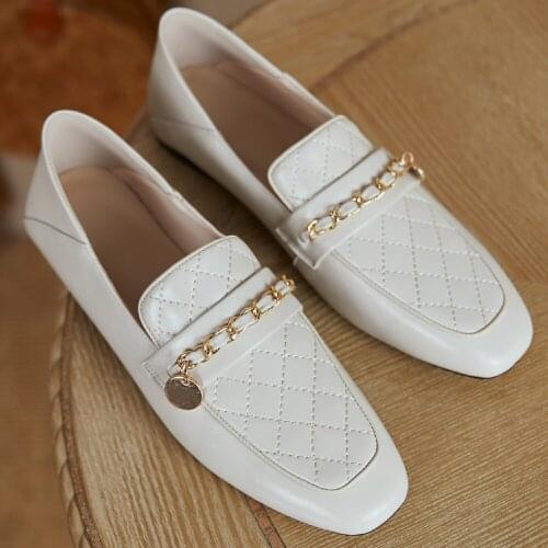 Womens genuine leather chain decoration slip-on flats loafers leisure soft comfortable ballerinas casual moccasins shoes women