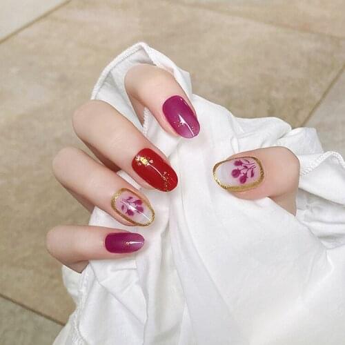 Fake Nails Long Round Head Purple Tulip Nail Stickers Finished Nail Stickers 24 Pcs Nail Stickers With Glue SANA889