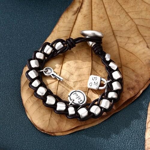 BOCAI New 100% S999 Silver Woman Bracelet Vintage Thai Silver Leather Cord Charm Hand-Woven 2021 Trend DIY Jewelry