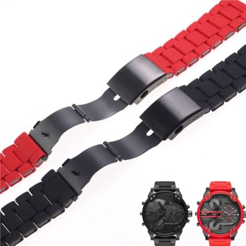 28mm waterproof rubber strap for Diesel DZ7396 DZ7370 DZ428 watch band silicone and stainless steel bracelet