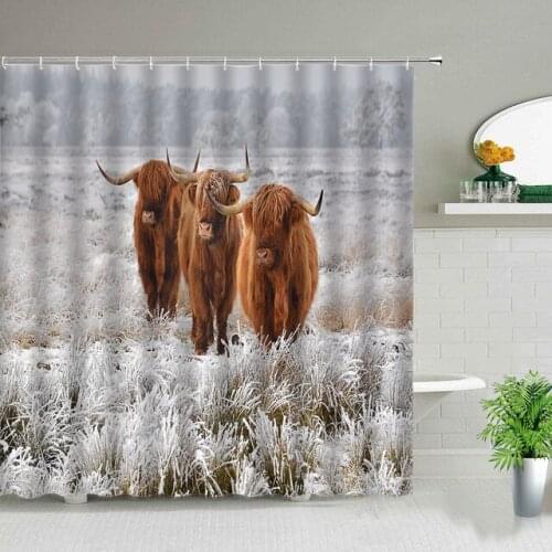 Prairie Brown Yak Highland Cattle Shower Curtains Cow Animal Decor Sets Bathroom Non-Slip Rug Toilet Lid Cover Bath Mats Carpets