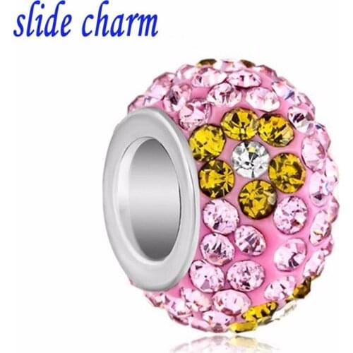 Slide charm Free shipping Valentines Day pink rhinestone clay amulet flower charm beads fit Pandora bracelet