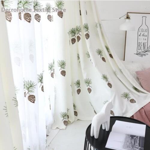 Modern Nordic Pine Cone Embroidered Curtains Fresh Striped Curtain for Living Dining Room Bedroom