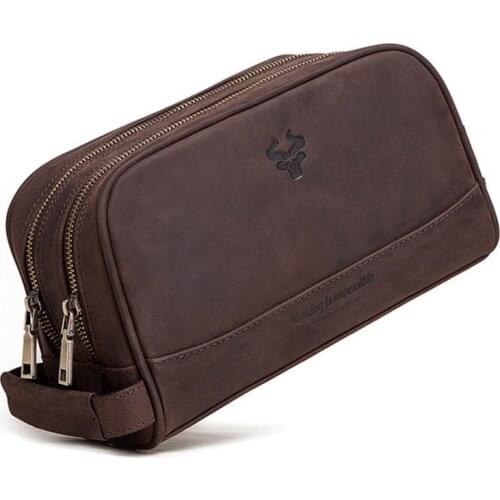 The new retro crazy horse Leather double zipper storage cosmetic bag Cowhide leather handbag male multi-function toilet bag