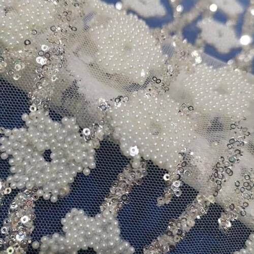 Bridal White Sequin Beaded Lace Fabric Luxury Quality Wedding Dress French Floral Pearls Glitter Tulle Designer Sewing Material