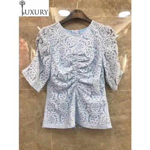 Spring Summer Fashion 2020 Women Lace Flower Patterns Short Sleeve Pleated Casual Basic Tops Yellow White Pink Blue Tees