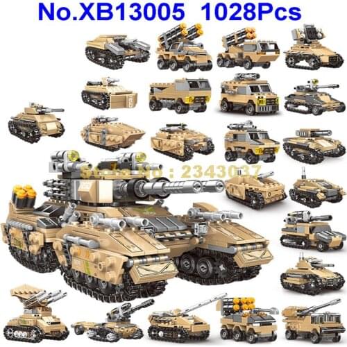 Xb13005 1028pcs 8in1 25 Styles Military Tank Vehicle Truck Armoured Vehicle Self-propelled Artillery Building Blocks Toy