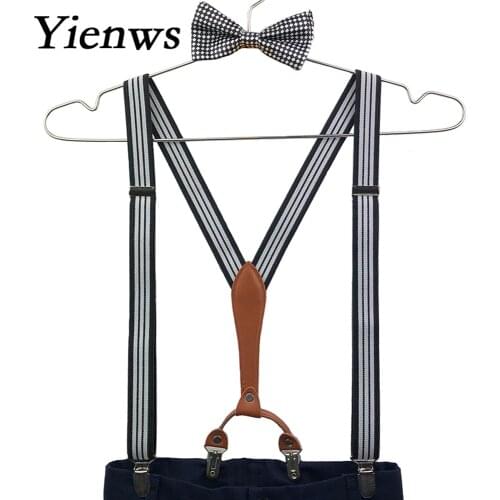 Yienws Leather Suspensorio Man Bow Tie Suspenders for Men Striped Ligas Breteles Mens Bowtie Braces for Trousers 115cm YiA074