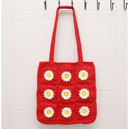 Flower Woven Knitting Handbags for Women Floral Candy Panelled Ladies Shoulder Bags Big Weekender Handmade Purses Casual Female
