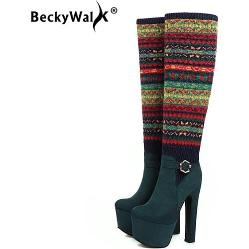 Women Platform Over The Knee Boots Sexy 16CM High Heels Patchwork Wool Long Boots Women Christmas Pattern Winter Shoes WSH3700