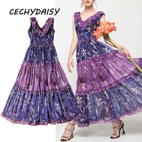 Runway 2021 Dress Women Summer Fashion Sexy V-Neck Sleeveless Purple Floral Printed Ruched A-Line Y2k Party Boho Midi Dresses Za