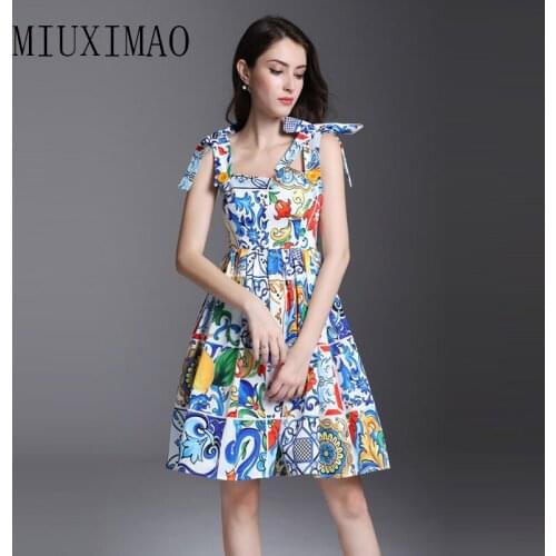 2020 Spring Newest Europe Style A-Line Strapless Sleeveless Pattern Printed Bow Spaghetti Strap Casual Knee-Length Dress Women