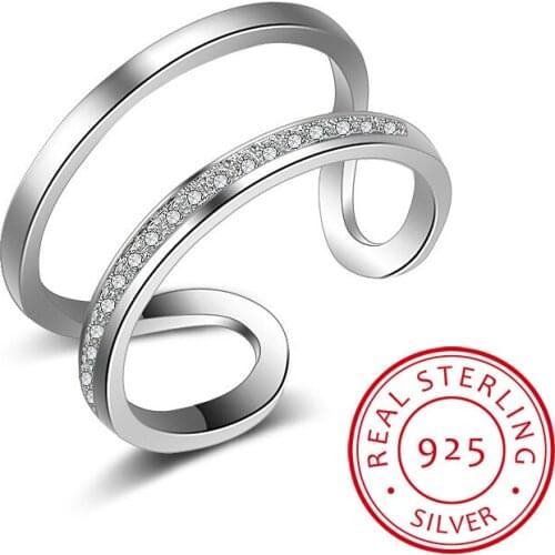 925 Sterling Silver Rhineston Ring Double Layer Female Finger Ring Silver 925 Opening Adjustable Ring Ladies Fine Jewelry