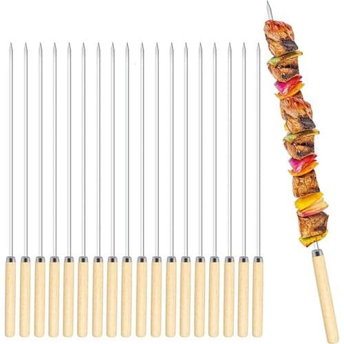 20 Pack Kebab Skewers BBQ Barbecue Skewers Stainless Steel Sticks Heavy Duty Large Wide Reusable with Nonslip Wooden Handle