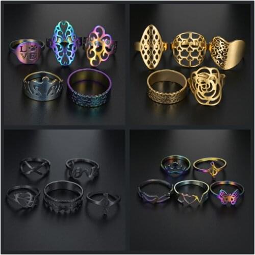 5 Pcs/set Fine Rings For Women Lovers Sweetheart Couple Crown Ring Men Daisies Hollow Heart Music Note Gift Wedding Jewelry