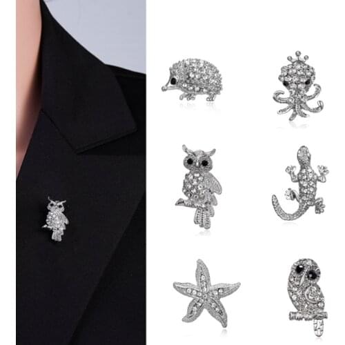 Hot Silver Color Rhinestone Animal Brooch Owl Lizard Hedgehog Starfish Squid Rhinestone Alloy Animal Brooches For Ladys gifts