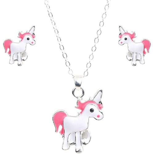 Gold Silver Color Animal Jewelry Set Children Jewelry Cartoon Horse Unicorn Necklace Earring Unicorn Sets For Girls Best Gifts