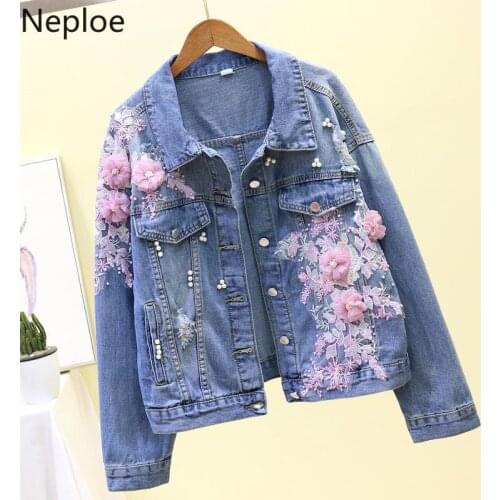 Neploe 2021 Spring Autumn Jeans Jacket Korean Embroideried 3D Flowers Hole Cowboy Outerwear Causal Women Demin Coat