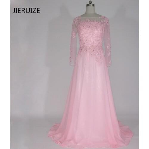 JIERUIZE Pink Long Sleeves Evening Dresses Long Beaded Lace Appliques Formal Dresses Mother of the Bride Dresses abendkleider