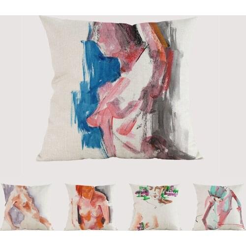 Watercolor painting figures Oil Painting Nude Girl Naked Woman Abstract Portrait Sofa Pillow Cover Modern Art Linen Cushion Cove