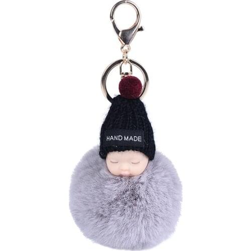 Cute Sleeping Baby Doll Keychain Pompom Rabbit Fur Ball Key Chain Car Keyring Women Key Holder Bag Pendant Charm Accessories