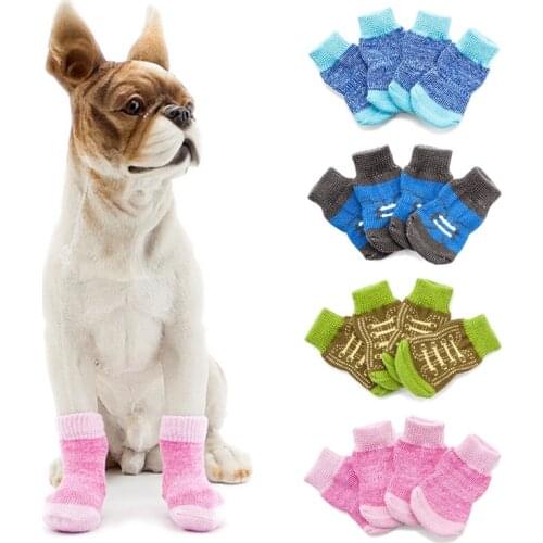 Pet Dogs Anti Slip Cotton Cartoon Socks Small Cat Dogs Winter Striped Socks Thick Warm Paw Protector Dog Socks