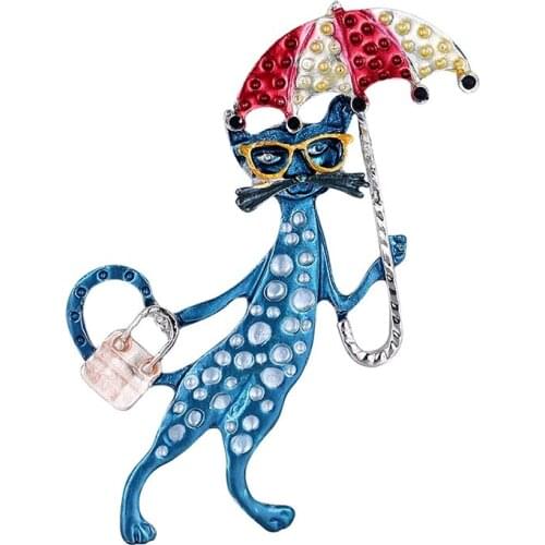 Sexy Taking Bag and Umbrella Cat Brooches for Women Casual Office Brooch Pins Gifts