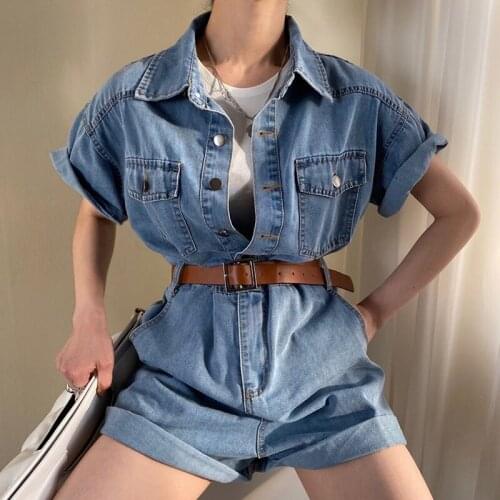 Blue Cargo Denim Jumpsuit Casual Single-breasted Short-sleeved High-waisted Wide-legged Shorts Women Jumpsuits Ropa De Mujer
