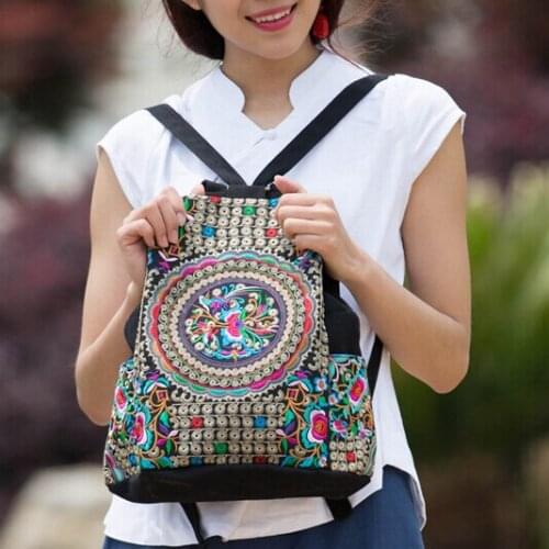 Stacy bag hot sale good quality women embroidery floral print canvas backpack ethnic style girl casual travel bag