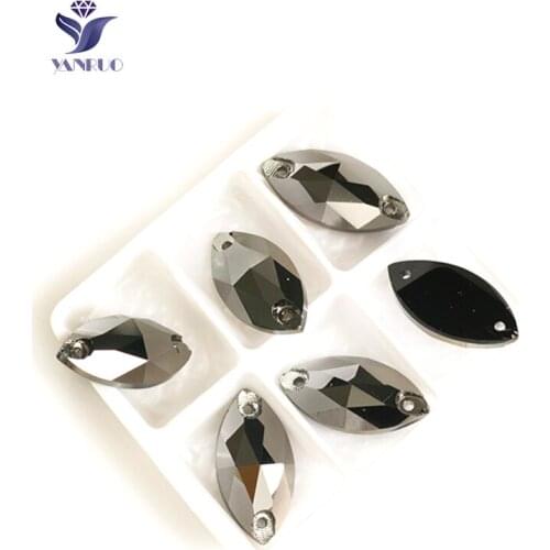 YANRUO 3223 Navette Jet Hematite Sew On Strass Flat Back Rhinestones Glass Sew Crystals Stones DIY Clothes Decoration