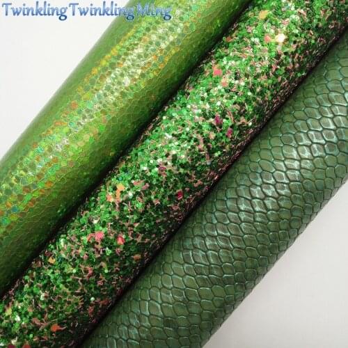GREEN Glitter Fabric, Metallic Snake Faux Fabric, Iridescent Synthetic Leather Sheets For Bow A4 21x29CM Twinkling Ming XM827