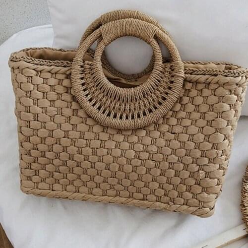 066F Boho Women Summer Beach Woven Straw Handbag with Top Handle Zip Tote Bag Basket
