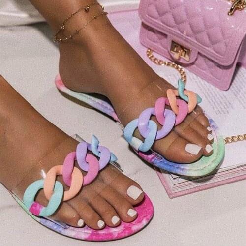 Plus Size Women Slipper Casual Flat Summer Flip Flops Candy Color Chain Slide Slip on Sandal Outdoor Home Beach Shoes 2021