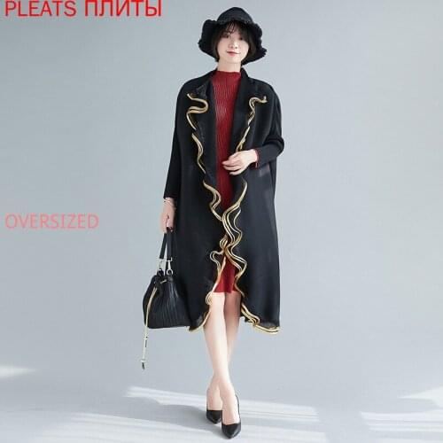 Miyake Folds Bronzing Cardigan Jacket High-end Atmosphere Drape Windbreaker Women Spring Mid-length Women PLEATS Trench Coat