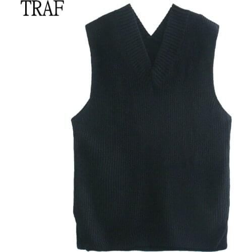 TRAF Za Women Knit Sweater Vest 2021 Autumn Winter Woman Black Sweater Vests Women Pullover High Street Warm Knitted Tank Tops
