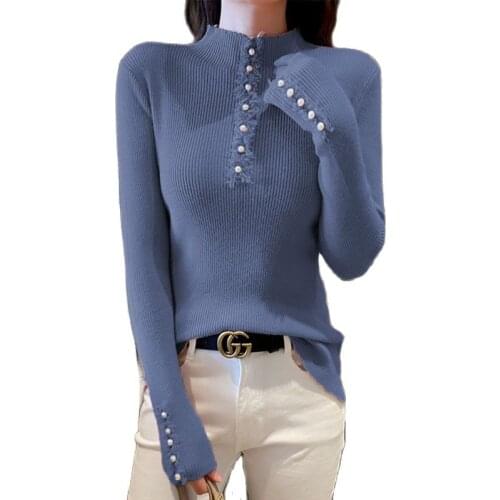 Beading Half High Collar Sweater Women Spring Autumn Pullover Fashion Sweater Slim Casual Ladies knitting Shirt Top TT0024