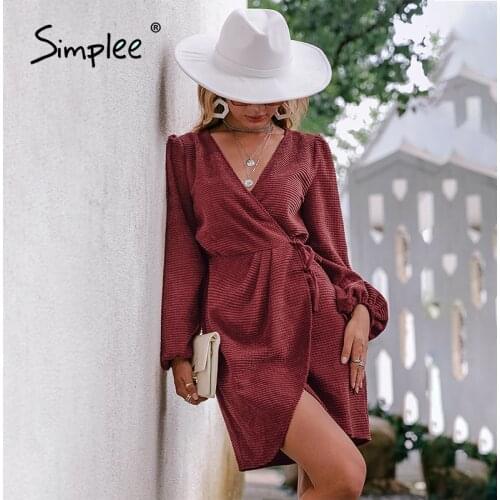 Simplee Office lady long lantern sleeves v-neck wrap dress women Solid A-line mini dresses Elegant sheath lace up green vestidos