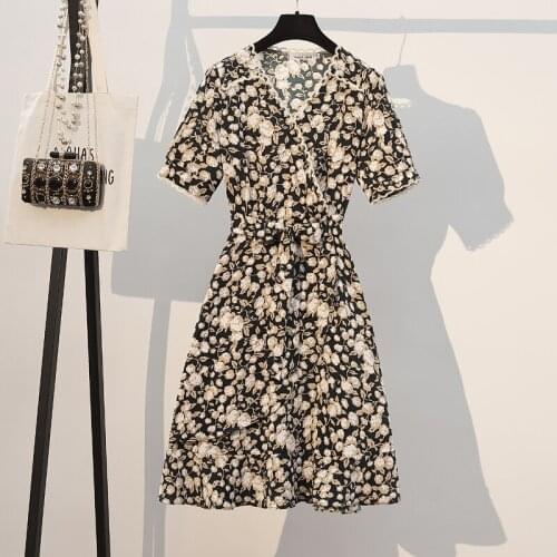 Plus size office ladies elegant floral print midi dresses Summer short sleeve v neck ruffles patchwork high waist A-line vestido