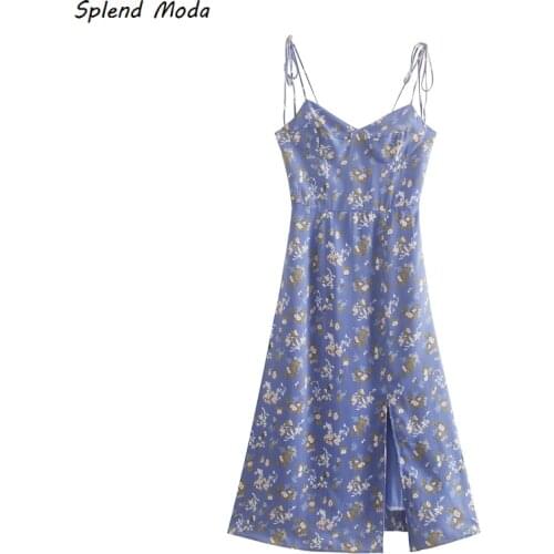 Splend Moda 2021 French Vintage Summer Floral Print High Waist Sexy Side Slit Hem Dress Long Women Beach Holiday Style Vestido