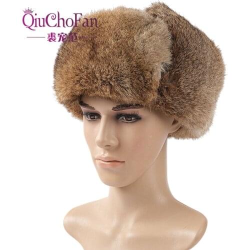 Winter Men Bomber Hat Warm Thicken Rabbit Fur Earflap Russian Caps Male Leifeng Windproof Snow Ski Hat Black Brown 2020 New