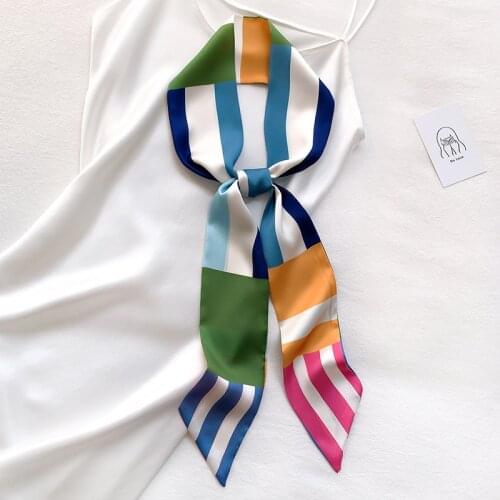 2021 Spring Summer Striped Skinny Hair Scarf Womens Silk Neck Thin Narrow Striped Neckerchiefs Bag Hat Ribbons Scarves Female