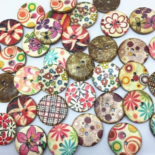 50pcs 20mm Round 2 Holes Coconut Panited Flowers Buttons Garment Clothes Sewing Accessories For Scrapbooking