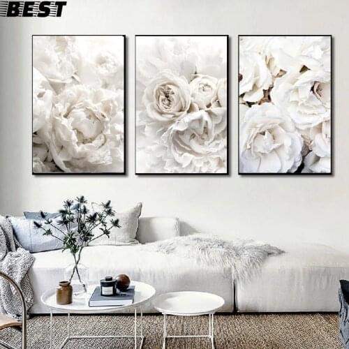 White Romantic Flower Home Decoration Painting Rose Peony Elegant Living Room Wall Canvas Art Poster Garden Nordic Bedroom Print