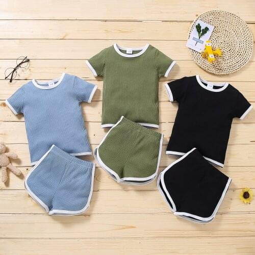 Toddler Kids Baby Boys Sets Summer Short Sleeve Solid Ribbed Tops+shorts Outfits Set Knitted Cotton Baby Clothes New Born